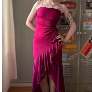 Y2K Magenta Mermaid Prom Dress | Pink Glitter Gown | Mesh Ruffle | Size XS/S